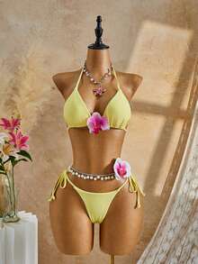 Bellisia 女士三件套泳装，性感挂脖系带腰裙纯色沙滩装，优雅度假风，春夏款 - 彩色 - 查看 4