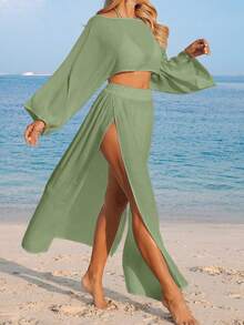 Swim Vcay 女士白色长袖开衩休闲沙滩罩衫两件套 - 軍綠色 - 查看 5