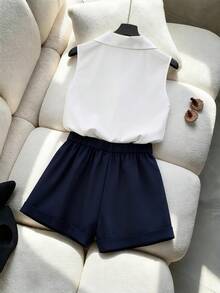 Women's White Collared Shirt With Embroidered Pony, Sleeveless, And Navy High-Waisted Pleated Shorts With Single Button, Elegant Spring/Summer 2-Piece Set - Blue - View 2