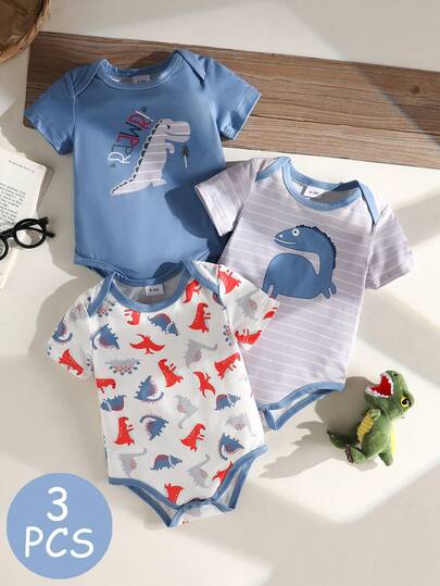 Set de 3 piezas Mamelucos de manga corta con cuello redondo y estampado de dinosaurios para bebé y niño pequeño de 0 a 3 años, unisex, ropa de verano para recién nacido