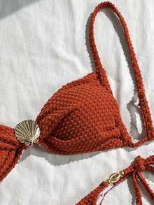 Swim Vcay Women's Summer Beach Outfits, Solid Color Jacquard Fabric Spaghetti Strap Sexy Bikini Set With Shell & Metal Decor - Brown - View 4