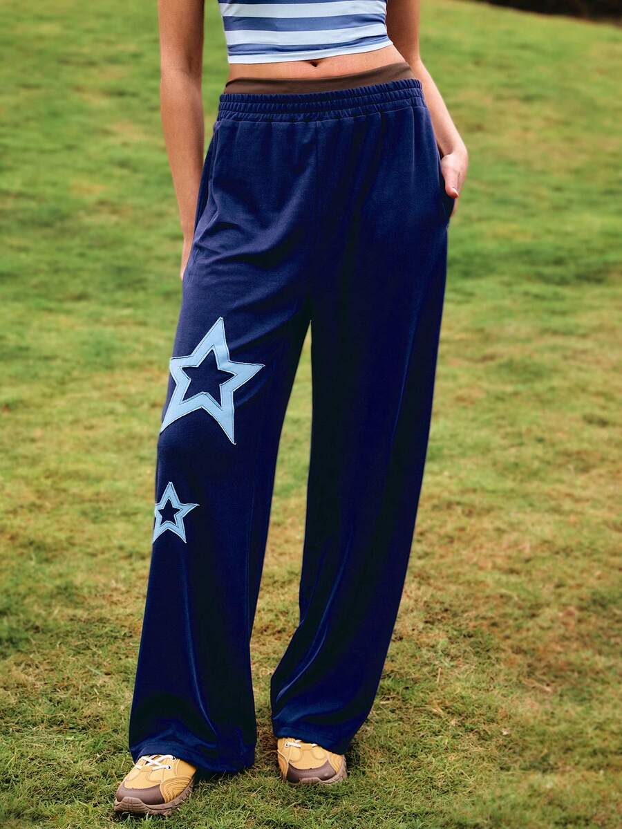 WanderVale Women's Solid Color Casual Long Pants With Five-Pointed Star Patch Star Pants Comfy Pants Women's Pants Wide Leg Pants Blue Pants Hike,Fall - Blue - View 1