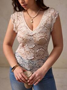 Elegantrix Women's Lace Ruffle Puff Sleeve Tight Fitting Top, French Casual Daily Wear, Spring/Summer - Apricot - View 3