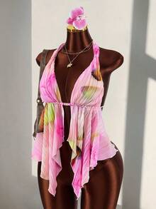 Amplova 2026 New Floral Print Asymmetric Hem Tie Front Sleeveless Top Summer Tunic Top Pink Halter Top Vacation Cover Up,Summer Top - Multicolor - View 3