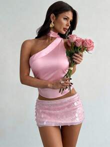 Firerie Blusa feminina de cetim, sexy, com ombros assimétricos e babados. Ideal para festas, ocasiões românticas e férias, perfeita para primavera/verão/outono. Elegante para o dia a dia, encontros, festas, casamentos, formaturas, apresentações, trabalho, volta às aulas, reuniões anuais, aniversários e feriados. - Rosa - Ver 3
