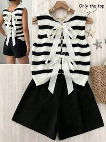 Franclia Nueva llegada de primavera temprana, blusa de punto para mujer de cuello redondo sin mangas, con lazo y rayas de contraste - Multicolor - Ver 7