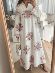 Modelyn Women's Woven Printed Loose Stand Collar Dress Modest Dress French Style Dress Long Sleeve Summer Dresses Prayer Dress Cottagecore Dress - Red - View 3