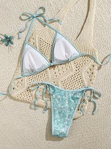 Swim SXY 夏季新款香槟色纯色高端刺绣亮片闪亮爆款派对下午茶聚会支撑性高开衩侧系带比基尼两件套泳衣女装 - 淺藍色 - 查看 6