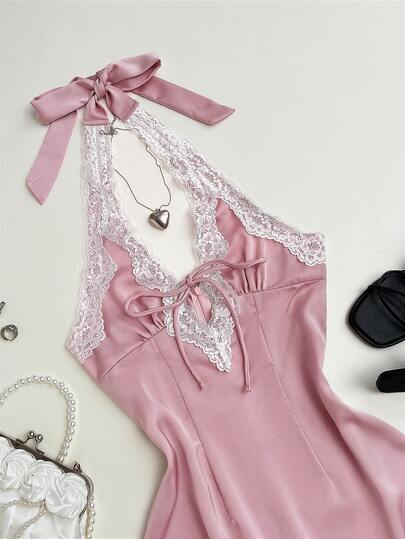 TRNVIE ฤดูใบไม้ผลิ, ฤดูใบไม้ร่วงและฤดูหนาวสีชมพูแฟชั่นลำลองผู้หญิงคอวีลึกสายสปาเก็ตตี้เปลือยหลังทรงเอมินิเดรส, เหมาะสำหรับวันหยุด, วันวาเลนไทน์, ออกเดทกลางคืน