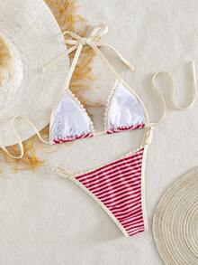 Swim Mod Sweet Cute Hot-Selling New Arrival Elegant Luxury Women's 2pcs Bikini Set; Red & Pink Striped Triangle Bikini Set , Contrast Cream Trim With Delicate Lace Edge,Halter Neck Tie , Y2K Hot Girl Style Swimsuit, Sexy Thong Bottom, Retro Inspired Swimwear Beachwear For Summer Beach Vacation, Pool Party, Sunbathing, Swimming, And Stylish Resort Looks, Music Festival,Mod&Vcay Vibes - Red - View 2