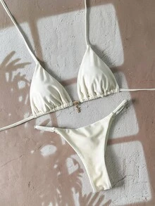 Swim Vcay Traje de baño de mujer de unicolor con colgante metálico tipo halter, conjunto de bikini de tanga sexy - Beis - Ver 3