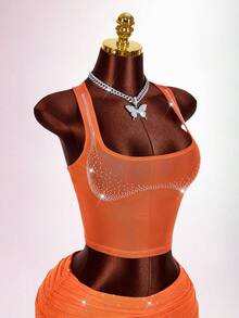 Amplova 2026 Nuevo Crop Top sin espalda decorado con cristales de moda Y2K para mujer, verano - Naranja - Ver 10