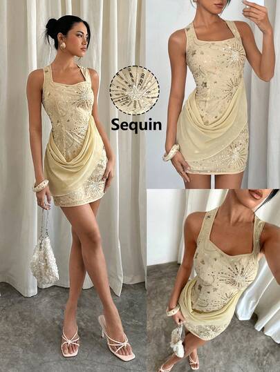 Siren Gaze Women's Sequin Embroidered Sleeveless Square Neck Mini Dress , Draped Ruffle Hem Camisole Dress, Elegant Dress, Cocktail Dress, Wedding Guest Dress, Graceful Women's Mini Dress,Elegant Dress For Women, Sequin Dress, Luxury Dress For Party , Summer Dress Luxury Dress For Women Sequin Women Dresses Rhinestone Dress