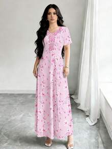 SHEIN Najma 女士碎花长裙，V领短袖收腰优雅连衣裙，适合度假和日常穿着，夏季 - 彩色 - 查看 1
