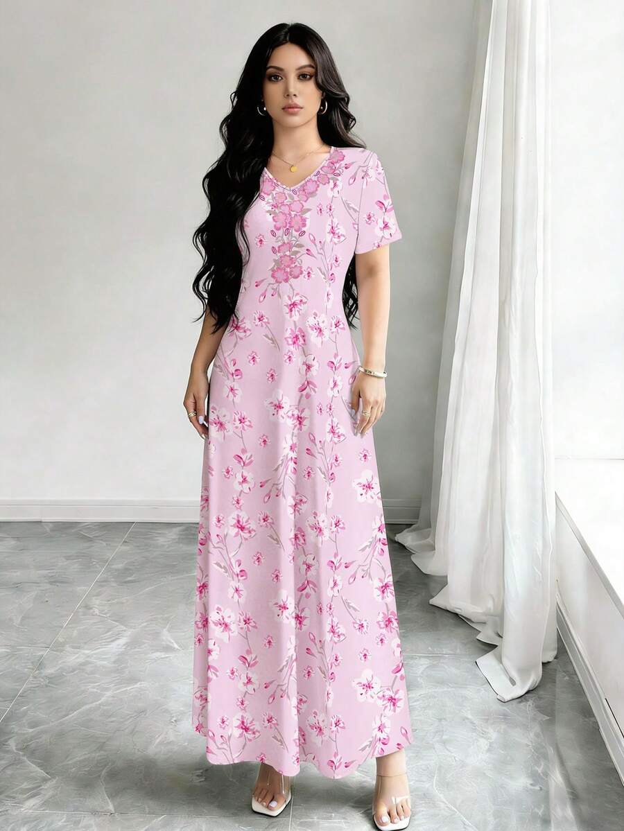 SHEIN Najma 女士碎花长裙，V领短袖收腰优雅连衣裙，适合度假和日常穿着，夏季 - 彩色 - 查看 1