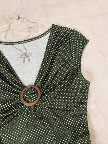 INAWLY Áo kiểu nữ họa tiết chấm bi, kiểu buộc dây phía trước, thích hợp cho mùa hè. - màu xanh lá - Xem 4