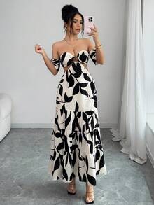 Elenzga Women's 2026 Spring/Summer New Elegant Off-Shoulder Hollow-Out Dress - Apricot - View 6