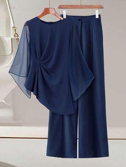 GlowEve CURVE 大码女装早春藏蓝色休闲不对称雪纺长袖衬衫和简约长裤两件套