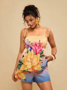 Travachic Bộ đồ mùa hè cỡ lớn dành cho nữ, họa tiết hoa ombre, gồm áo hai dây và quần short. - Nhiều màu - Xem 3