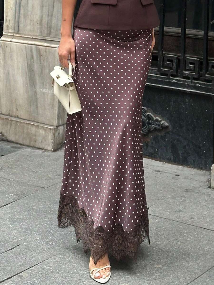 Firerie 女士简约优雅波点印花A字裙，适合日常穿着、参加派对、婚礼宾客、通勤等场合。 - 咖啡棕 - 查看 1