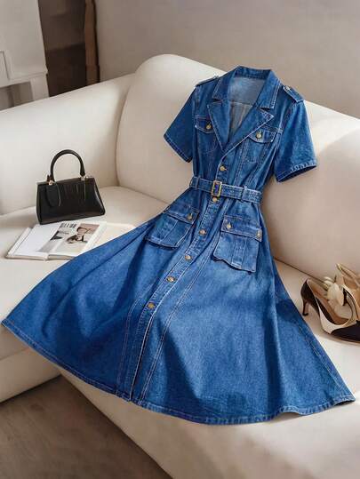 GlowEve CURVE Plus Size Women's Casual Fashion Street Style Washed Denim Jumpsuit Dress With Belt, Suitable For Spring And Autumn Daily Commute