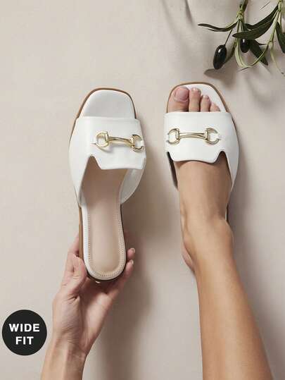 SHUZIA Wide Fit #OldMoney Women's Gold Horsebit Decor Square Toe Pu White Slides – Classic Heritage Chic Flat Mules