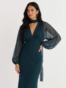 Firerie 女士新款V领灯笼袖收腰鱼尾下摆雪纺连衣裙，配飘逸围巾领灯笼袖连衣裙，女士透视连衣裙，深V领连衣裙，透视袖连衣裙 - 水鴨藍 - 查看 2