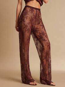 Silquee Burgundy,Summer,Seksi Chic,Night Out Elegant Lace Trousers For Women,Coffee-Colored Formal Party Vacation Holiday Beach Bridesmaid Long Pants - Brown - View 1