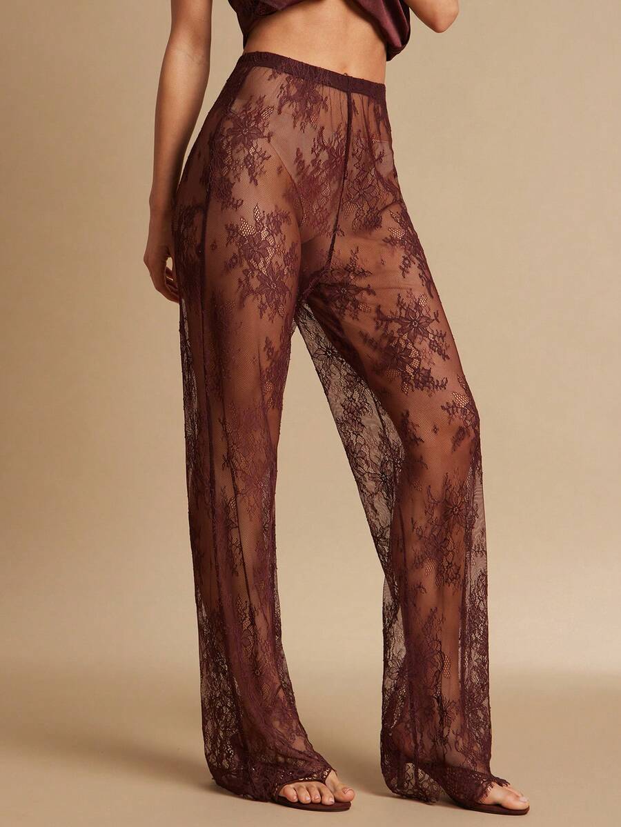 Silquee Burgundy,Summer,Seksi Chic,Night Out Elegant Lace Trousers For Women,Coffee-Colored Formal Party Vacation Holiday Beach Bridesmaid Long Pants - Brown - View 1