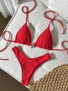 Swim Mod Conjunto de bikini de mujer con tirantes finos, decoración metálica y unicolor, para el verano - Rojo - Ver 1