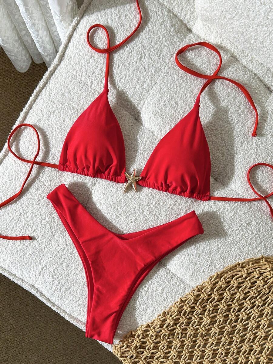 Swim Mod Conjunto de bikini de mujer con tirantes finos, decoración metálica y unicolor, para el verano - Rojo - Ver 1