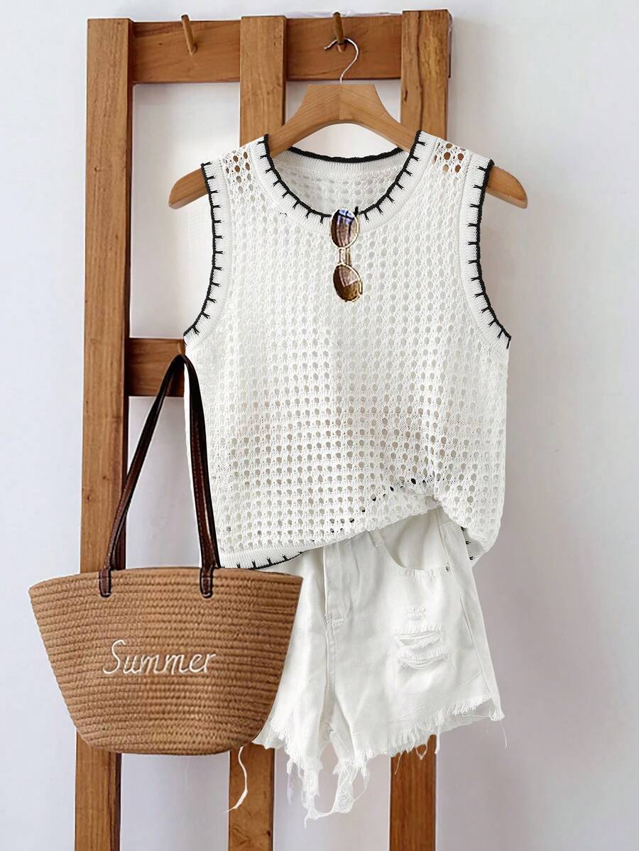 GlowEve Women's Vacation Casual Contrast Trim Sleeveless Hollow Out Knit Top - Black and White - View 1
