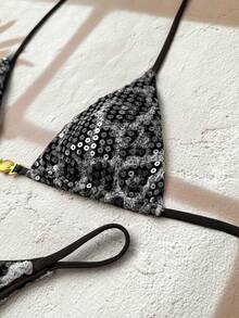 Swim Chiccia Bộ bikini hai mảnh thời trang đi biển năm 2026 dành cho nữ, họa tiết da báo phối màu dễ thương, trang trí vỏ sò kim loại, kiểu buộc dây cổ yếm hở lưng, dây mảnh, thích hợp cho kỳ nghỉ hè ở bãi biển và tiệc đêm trên bãi biển. - Nhiều màu - Xem 3