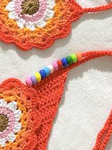 Swim Vcay 2pcs/Set Spring/Summer Crochet Floral Pattern Design Spaghetti Strap Backless Beach Cover Up Set For Women - Multicolor - View 4