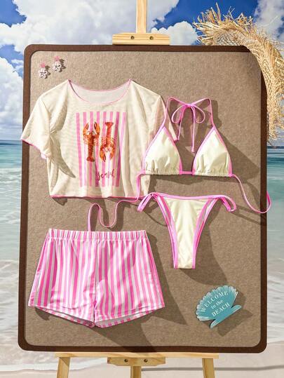 Swim Vcay 2026 New Spring/Summer 4-Piece Women Set, Solid Color Triangle Bikini Top, Random Print Striped Boyshort Bottoms, Casual Beach Vacation Swimsuit Set