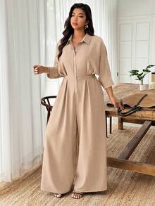 Weeklong Plus Size Women's Collared Jumpsuit With Ruffle Mid-Sleeve, Waist Cinched, Casual & Office Wear - Khaki - View 3