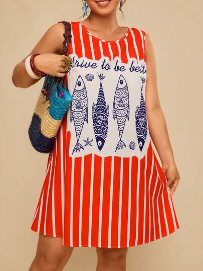 Travachic Vestido casual sin mangas de cuello redondo con estampado de rayas y flores para tallas grandes