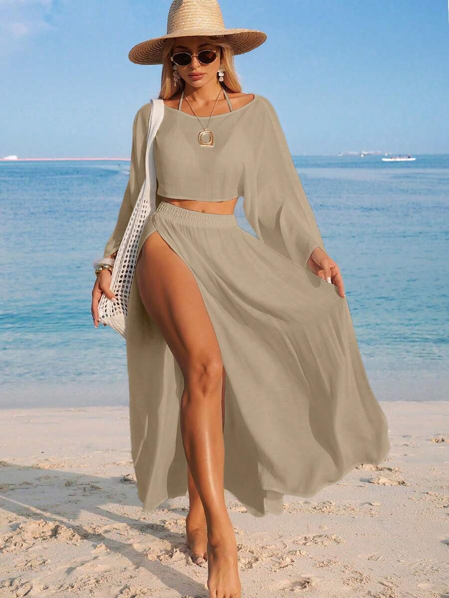 Swim Vcay Women's White Long Sleeve Split Casual Beach Cover Up Two Pieces Set - Khaki - View 1