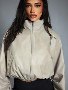 Denimoi 高领拉链前襟收腰仿皮夹克 - 淺灰色 - 查看 4