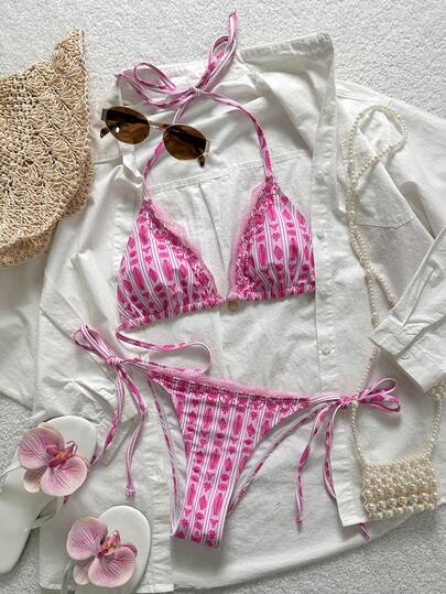 Swim Mod Women's 2-Piece Bikini Set Set, Sweet Pink Floral & Striped Print, Lace Trim Halter Neck Bikini Swimwear Set, Summer