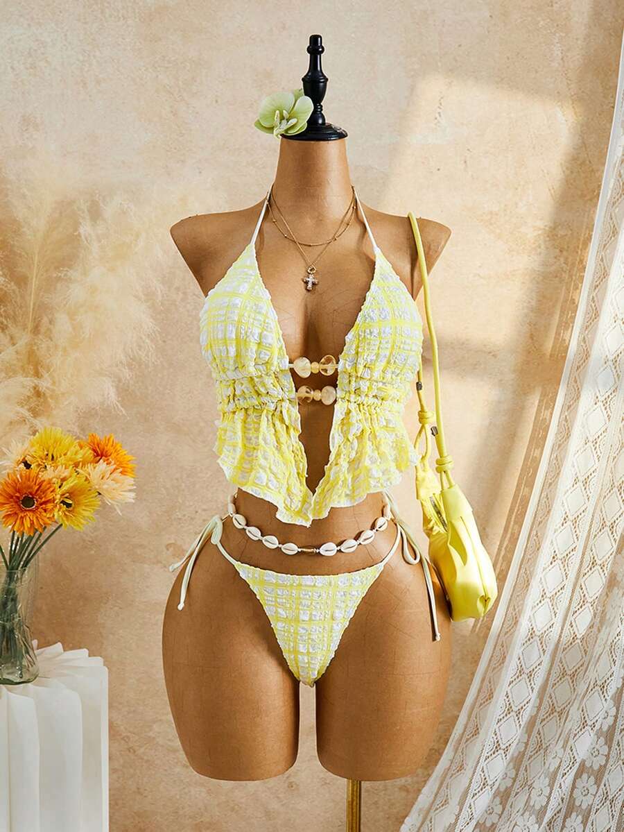 Bellisia 女士纹理格子串珠前片设计可爱性感淑女风比基尼两件套泳衣，适合海滩、度假、节日穿着 - 黃色 - 查看 1