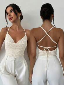 Firerie 女士优雅时尚新款音乐节派对日常假日低领交叉露背系带纹理吊带连体衣，性感露背上衣，杏色纹理面料连体衣，露背系带上衣，夏威夷假日女士连体衣，春夏服装，海滩，通勤，优雅，性感，假日，海滩，波西米亚，夏威夷，音乐节，休闲简约装扮 - 杏色 - 查看 3