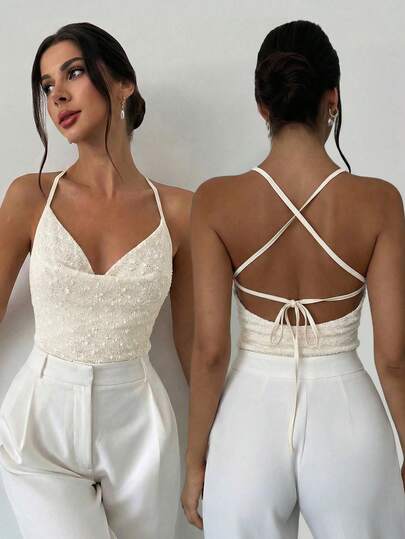 Firerie Women's Elegant Fashion New Music Festival Party Daily Holiday Low Neck Criss-Cross Backless Tie-Up Textured Camisole Bodysuit, Sexy Backless Top For Ladies, Apricot Textured Fabric Bodysuit, Backless Tie-Up Blouse, Hawaiian Holiday Ladies Bodysuit, Spring Summer Clothing, Beach, Commute, Elegant, Sexy, Holiday, Beach, Bohemian, Hawaiian, Music Festival, Casual Minimalist Outfit