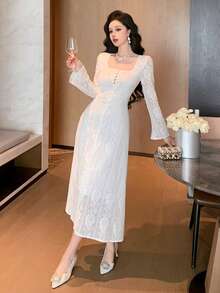 Joudiya Đầm ren trắng họa tiết mùa xuân hè, đầm dự tiệc thời trang, đầm cưới/tiệc chiêu đãi/đầm dạ hội thanh lịch, dáng ôm eo, viền bèo nhún, tay chuông, dài ngang gối dành cho nữ. - trắng - Xem 8