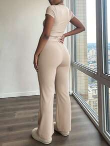 INAWLY Solva 2pcs/Set Summer Casual Solid Color Short Sleeve T-Shirt And Pants - Beige - View 3