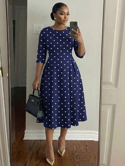 SHEIN Lady Plus Size Elegant Party Polka Dot Print Dress Navy Blue Polka Dot Dress Navy Blue Polka Dot Dress Church Dress For Women Polka Dot Dress Elegant Midi Dress Navy Blue  Polkadot Dress Polka Dot Midi Dress Plus Size Polka Dot Prin Navy Blue Round Neck Contrast Binding Split Midi Dress Three Quarter Length Sleeve Elegant Dress  Festival Dresses  Spring Dress