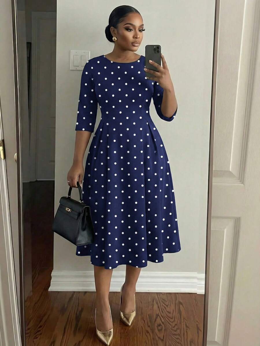 SHEIN Lady CURVE Vestido elegante de lunares de talla grande para fiesta, vestido de lunares negros, vestido de lunares negros y blancos, vestido para iglesia para mujer, vestido de lunares elegante midi, vestido de lunares negros y blancos, vestido midi de lunares de talla grande con estampado de lunares, cuello redondo, contraste de ribete, abertura midi, manga tres cuartos, vestido elegante