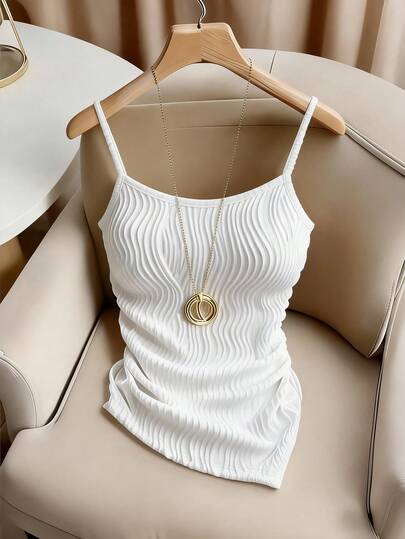 GlowEve Women's Beige Adjustable Waist Ruched Asymmetrical Hem Wavy Texture Fitted Sexy Elegant Commuter Versatile Camisole, Spring/Summer