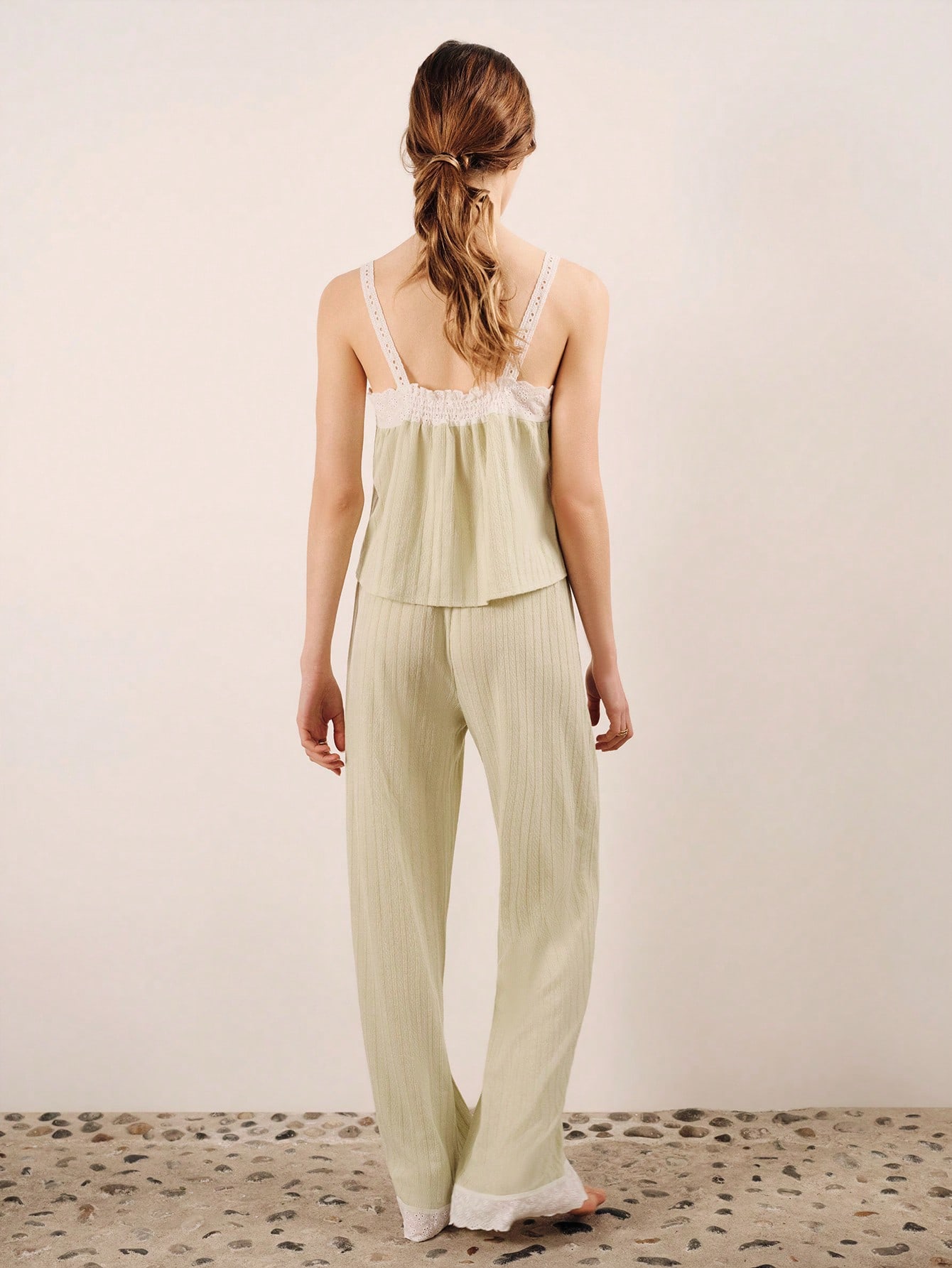 Loose Mint Green Pointelle Pajama Set With Embroidered Trim Top And Pants Homewear Set Green Sleepwear Set Cute Pyjama Set