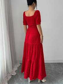 Elenzga Women's Elegant Waist Tie Petal Sleeve Dress, Summer - Red - View 2